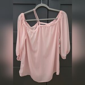 1.STATE Sheer Off Shoulder Right Sleeve Pink Blouse